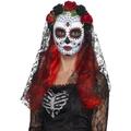 Halloween! Smiffys Tag der Toten Señorita-Maske, ganzes Gesicht, Rotet Schwarz, mit Rosenet Schleier