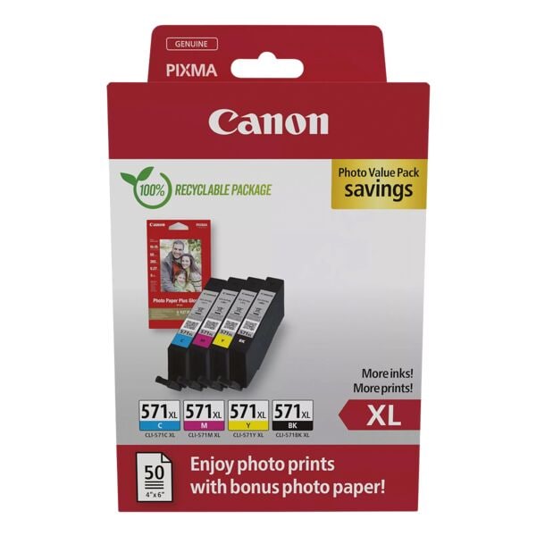 Canon Value Pack: Tintenpatronen-Set »CLI-571 XL BK/C/M/Y« inkl. 50 Blatt Fotopapier 1 schwarz Image