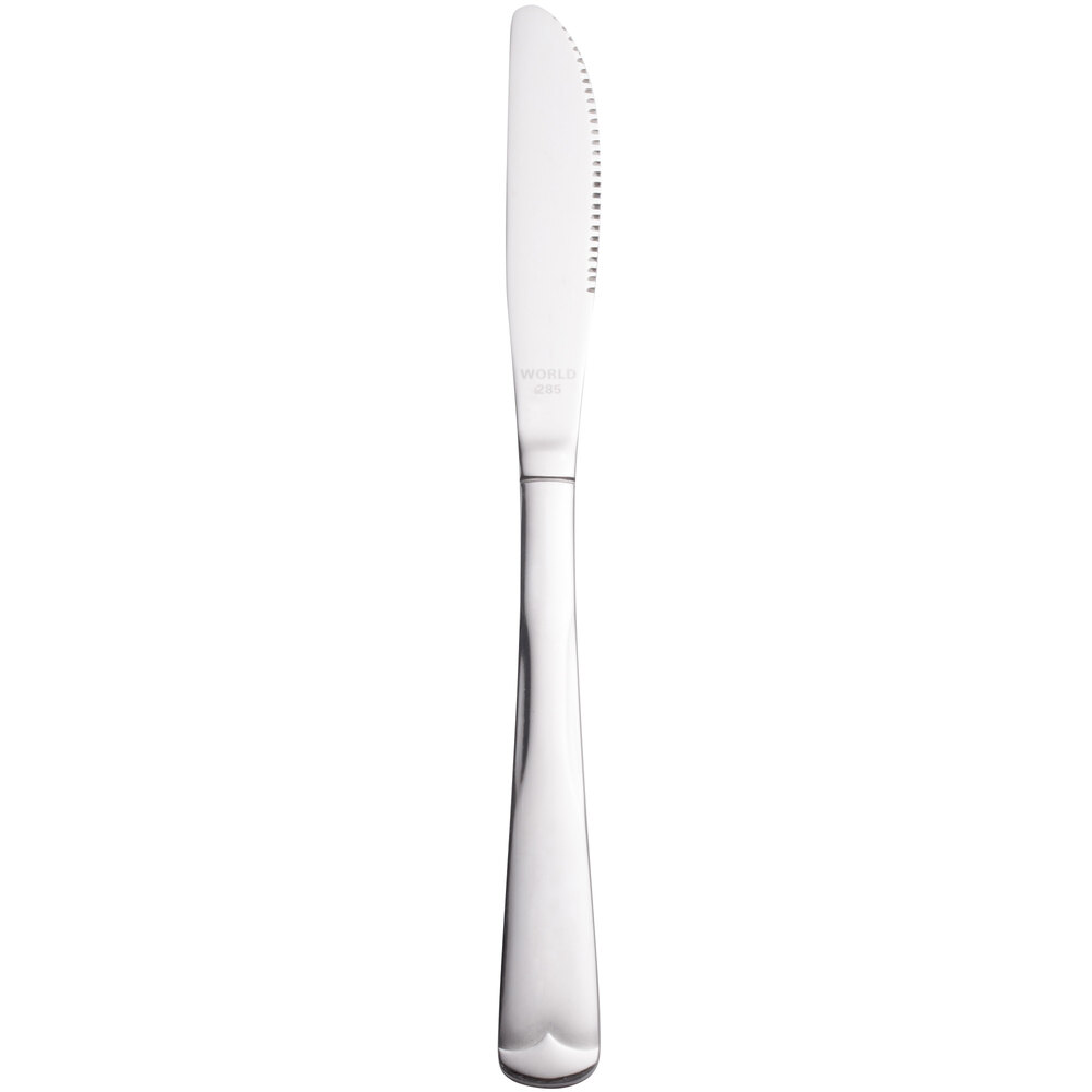 "World Tableware Columbus 8 5/8"" 18/0 Stainless Steel Heavy Weight Fluted Solid Handle Entree Knife - 36/Case"