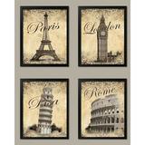 Trendy Popular Landmark Postcard Travel Prints; Paris Rome London Pisa;; Four 8x10-Inch Black Framed Fine Art Prints; Ready to hang!