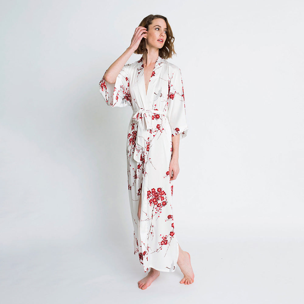 KIM+ONO Kimono Robe | Cherry Blossom & Crane Long Kimono Robe | Polyester Charmeuse | White | Long