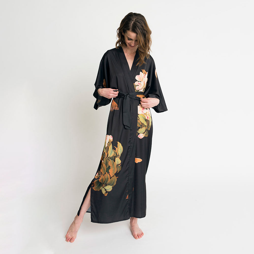 KIM+ONO Kimono Robe | Peony & Butterfly Long Kimono Robe | Polyester Charmeuse | Black | Long
