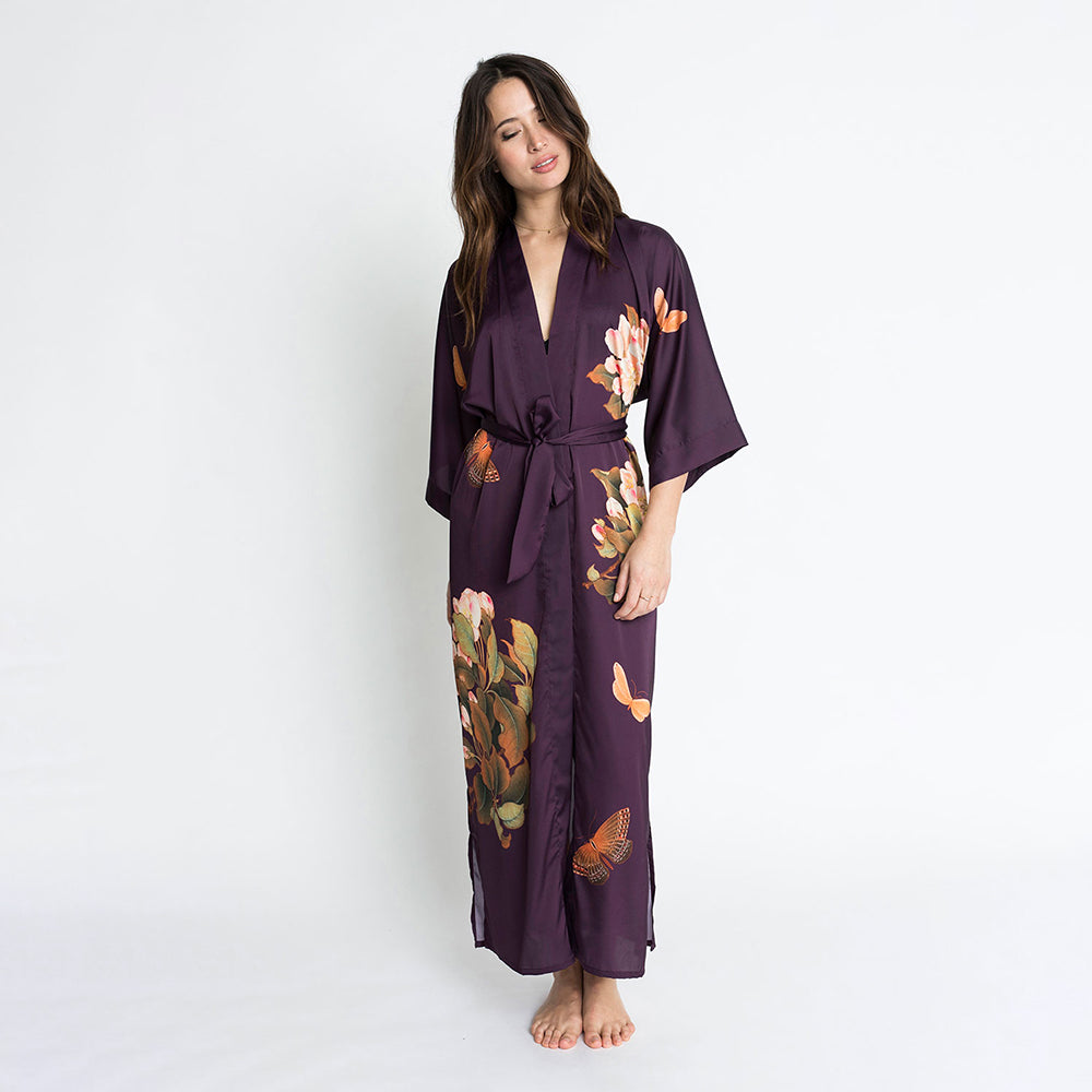 KIM+ONO Kimono Robe | Peony & Butterfly Long Kimono Robe | Polyester Charmeuse | Plum | Long