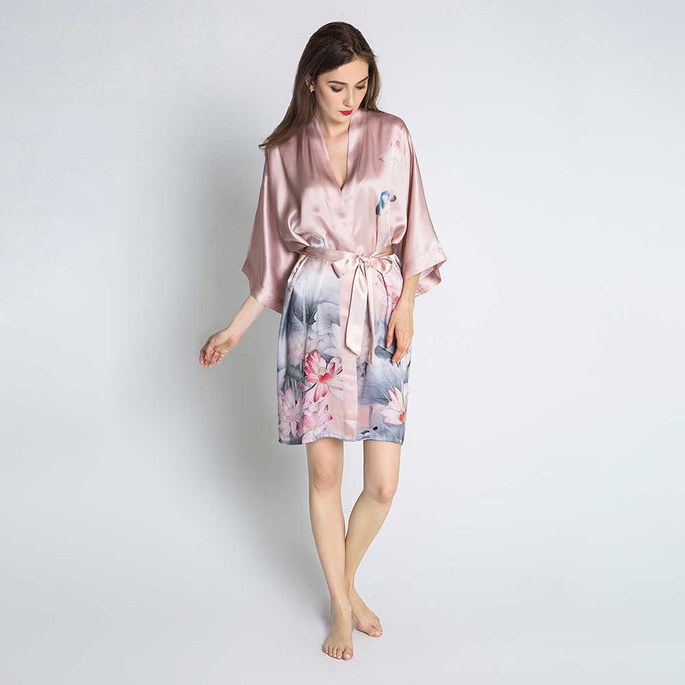 KIM+ONO Kimono Robe | Silk Lotus Short Kimono Robe | Silk | Blush | Short
