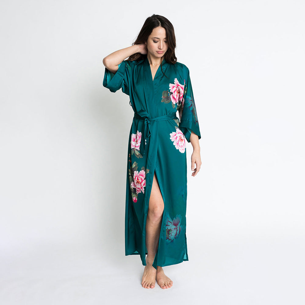 KIM+ONO Kimono Robe | Peony & Bird Long Floral Kimono Robe | Polyester Charmeuse | Teal | Long