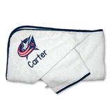 Infant White Columbus Blue Jackets Personalized Hooded Towel & Mitt Set