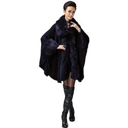 PLAER Women's Faux Fox Fur Trim Cape Wool Blend Cloak Winter Warm Coat Plus Size (Dark Blue)