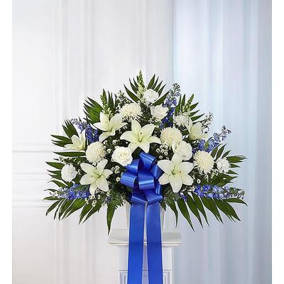 1-800-Flowers Flower Delivery Heartfelt Sympathies Blue & White Funeral Standing Basket Small