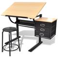 vidaXL Three Drawers Tiltable Tabletop Drawing Table with Stool