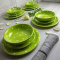 City to Cottage Lime Green and White Handmade Hand Painted Ceramic 12 Piece Tableware Set | Polka Dot Spotty Dinnerware Service for 4 | Dinner Plates | Side Plates | Bowls Crockery Set
