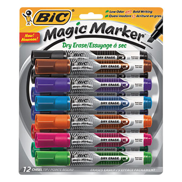 Bic GELITP121AST Magic Marker Assorted Color Low Odor and Bold Writing Chisel Tip Dry Erase Marker - 12/Pack