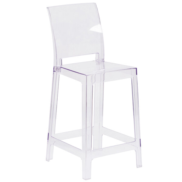 Flash Furniture OW-SQUAREBACK-24-GG Ghost Transparent Polycarbonate Outdoor / Indoor Counter Height Stool with Square Back