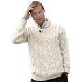 100% Merino Wool Aran Shawl Collar Aran Sweater, Natural Colour