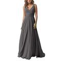 Leader of the Beauty Chiffon A Line Double V Neck Bridesmaid Dress Long Wedding Evening Dress Grey UK 16