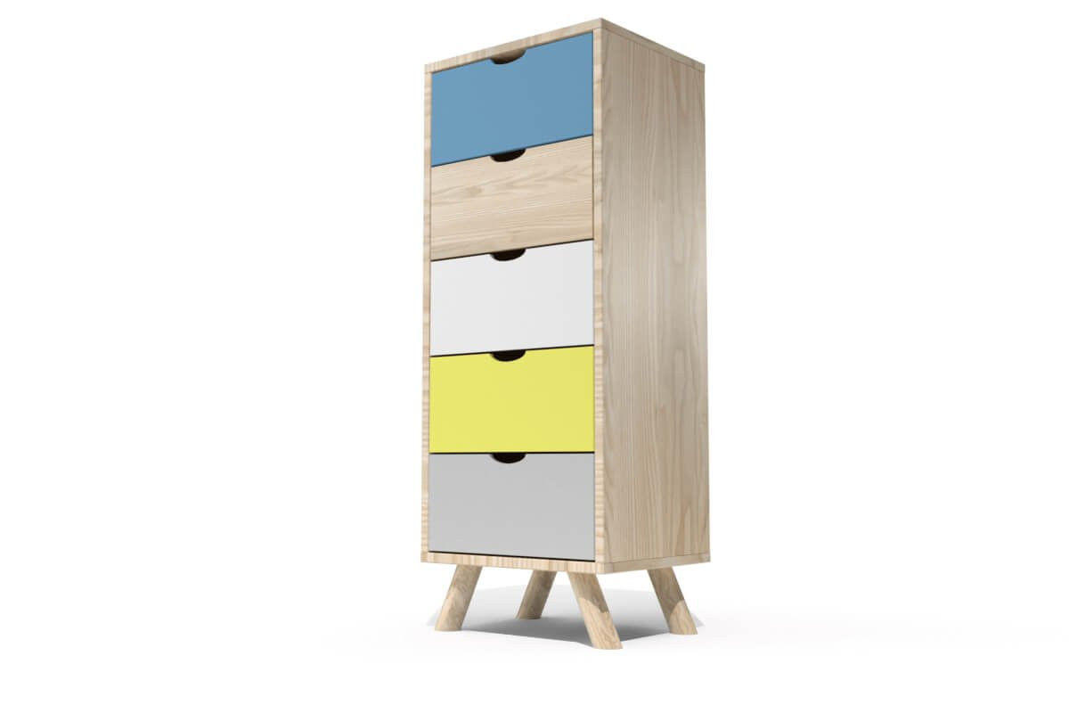 Chiffonnier Scandinave bois 5 tiroirs Viking - Bleu pastel, Blanc, Jaune, Gris souris