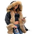 Roiii Women Winter Warm Thick Faux Fur Coat Hood Parka Long Jacket Size 8-20 (16-18,Brown Black)