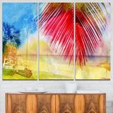 Design Art Retro Palm Leaf Watercolor - 3 Piece Graphic Art on Wrapped Canvas Set Canvas in Blue/Red/Yellow | 28 H x 36 W x 1 D in | Wayfair