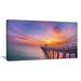 Design Art Wooden Bridge Long Into the Ocean Sea Pier Photographic Print on Wrapped Canvas Metal in Indigo/Orange | 16 H x 32 W x 1 D in | Wayfair