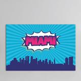 East Urban Home Comic Book Skyline Series: Miami Graphic Art on Wrapped Canvas Metal in Blue/Indigo/Pink | 26 H x 40 W x 1.5 D in | Wayfair