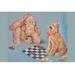 Buyenlarge Monkey & Cat Playing Checkers - Print in Blue/Brown | 28 H x 42 W x 1.5 D in | Wayfair 0-587-29982-7C2842