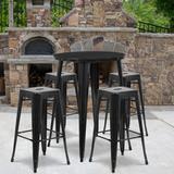 Latitude Run® Colbert 30" Round Metal Indoor-Outdoor Bar Table Set w/ 4 Square Seat Backless Stools Metal in Black | 41" H x 30" W x 30" L | Wayfair