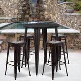 Latitude Run® Colbert 30" Round Metal Indoor-Outdoor Bar Table Set w/ 4 Square Seat Backless Stools Metal in Black/Yellow | Wayfair