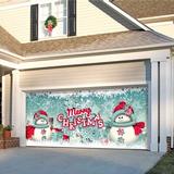 The Holiday Aisle® 2 Snowmen Merry Christmas Garage Door Mural Polyester in Blue/Red | 84 H x 192 W x 1 D in | Wayfair
