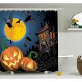 The Holiday Aisle® Halloween Decor Moon Pumpkin Shower Curtain + Hooks Polyester | 70 H x 69 W in | Wayfair THLA2054 39394085
