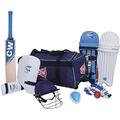 CW Junior Sports Academy Team Cricket Kit Blue Size 5, Ideal For 9-10 year child (Large bag Cricket Bat,Helmet,Abdominal Guard,Leather Ball,Batting gloves,Leg guard,Arm & Thigh Guard)