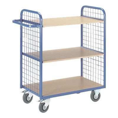 ROLLCART Etagenwagen mit 2 Gitterwänden 80x50 cm Holz-Ladefläche blau, 98x107x50 cm