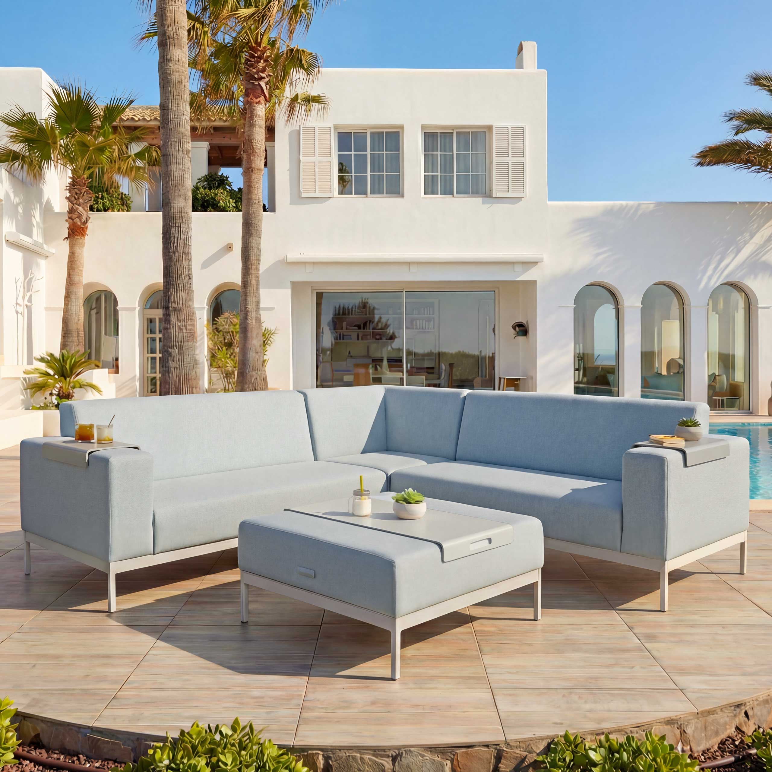 Alu-Garten-Garnitur HWC-C47, Sofa, Outdoor Stoff/Textil ~ blau mit Ablage, ohne Kissen Image