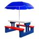 Spielwerk® Kids Garden Picnic Table and Bench Set | Umbrella Sunshade Parasol UV Protection | Toy Dining Outdoor Patio Furniture | Children Toddler | Play Activity Set | Blue Red White