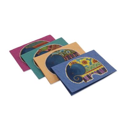 Excited Elephants,'Set of 4 Batik Cotton and Paper Elephant Greeting Cards'