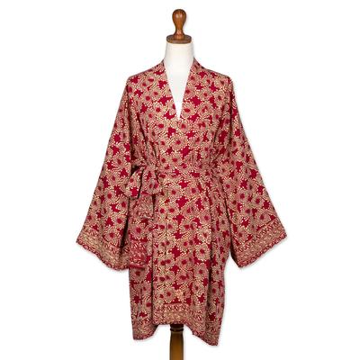 Claret Nebula,'Dark Red Hand Stamped Batik Rayon Kimono Jacket'