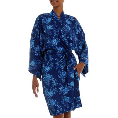 Gorgeous in Cyan,'Blue Batik Flowers Balinese Rayon Short Cross Over Robe'