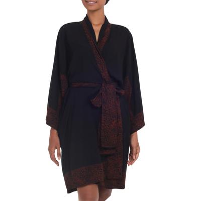 Bewitching Blossom,'Indonesian Floral Batik Printed Black and Cocoa Short Robe'