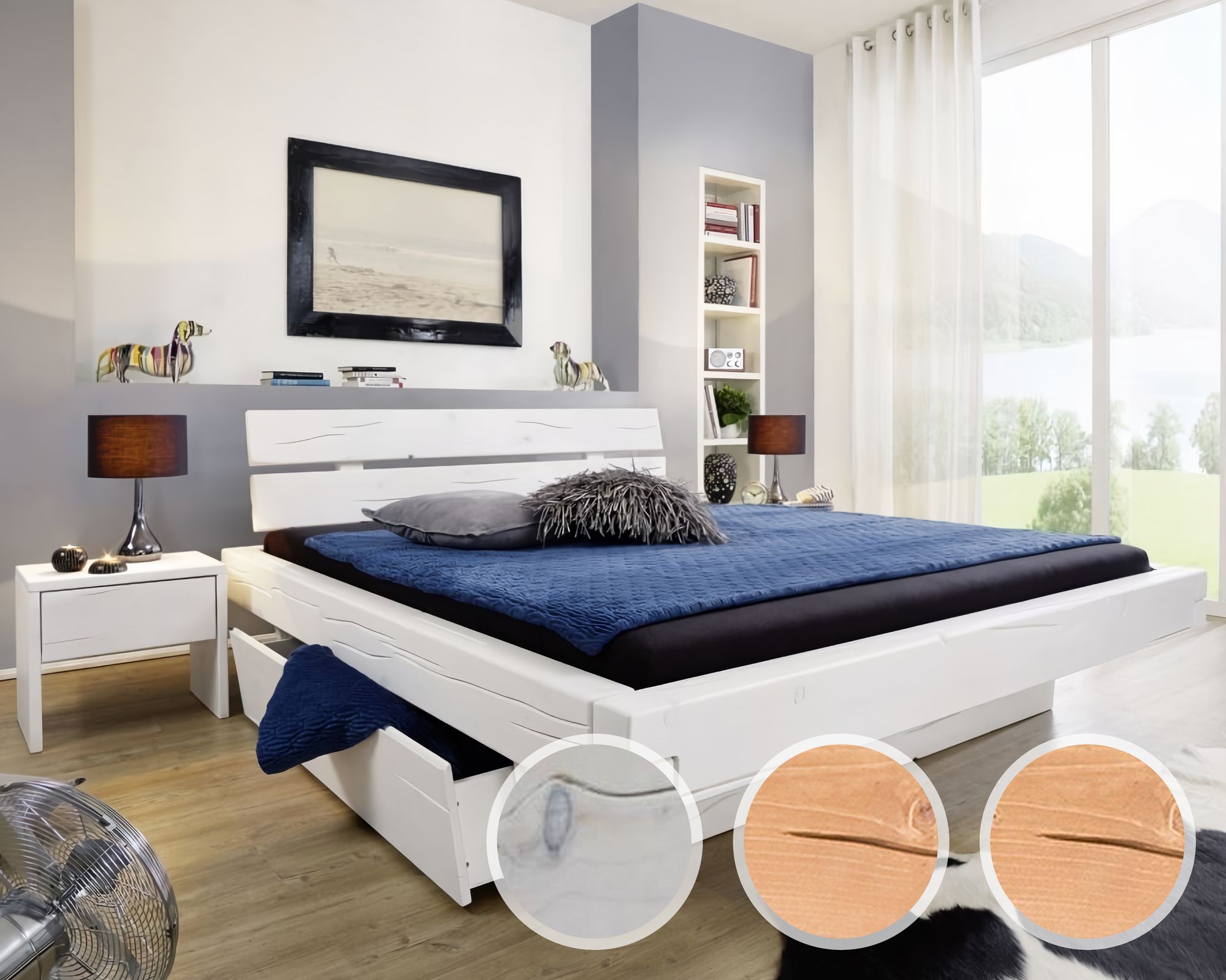 3S Frankenmöbel »Hover« Massivholz Balkenbett BE-0285 / 160x200 cm / Weiss lasiert / ohne Schubkasten