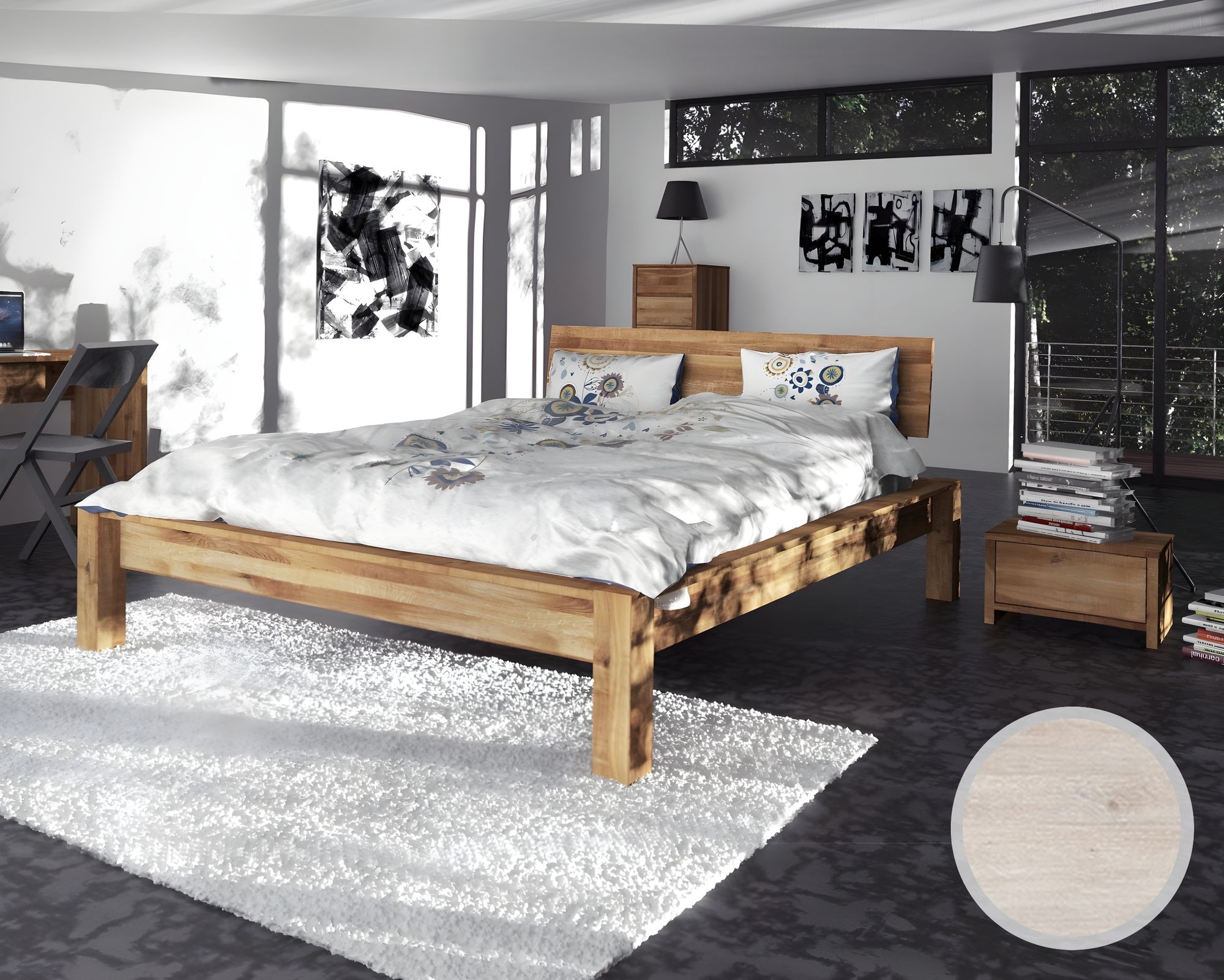 The Beds James Massivholz Bett hoch 1601 / 160x200 cm / Wildeiche weiss geölt / breit