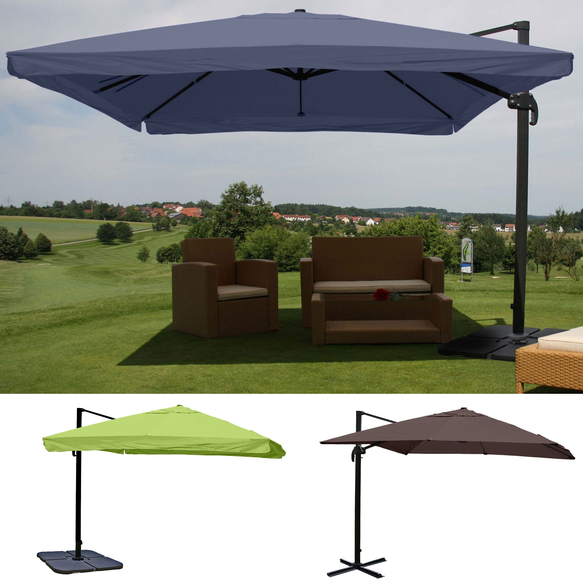 Gastronomie-Ampelschirm HWC-A96, Sonnenschirm, 3x3m (Ø4,24m) Polyester/Alu 23kg ~ Flap, anthrazit mit Ständer, drehbar Image