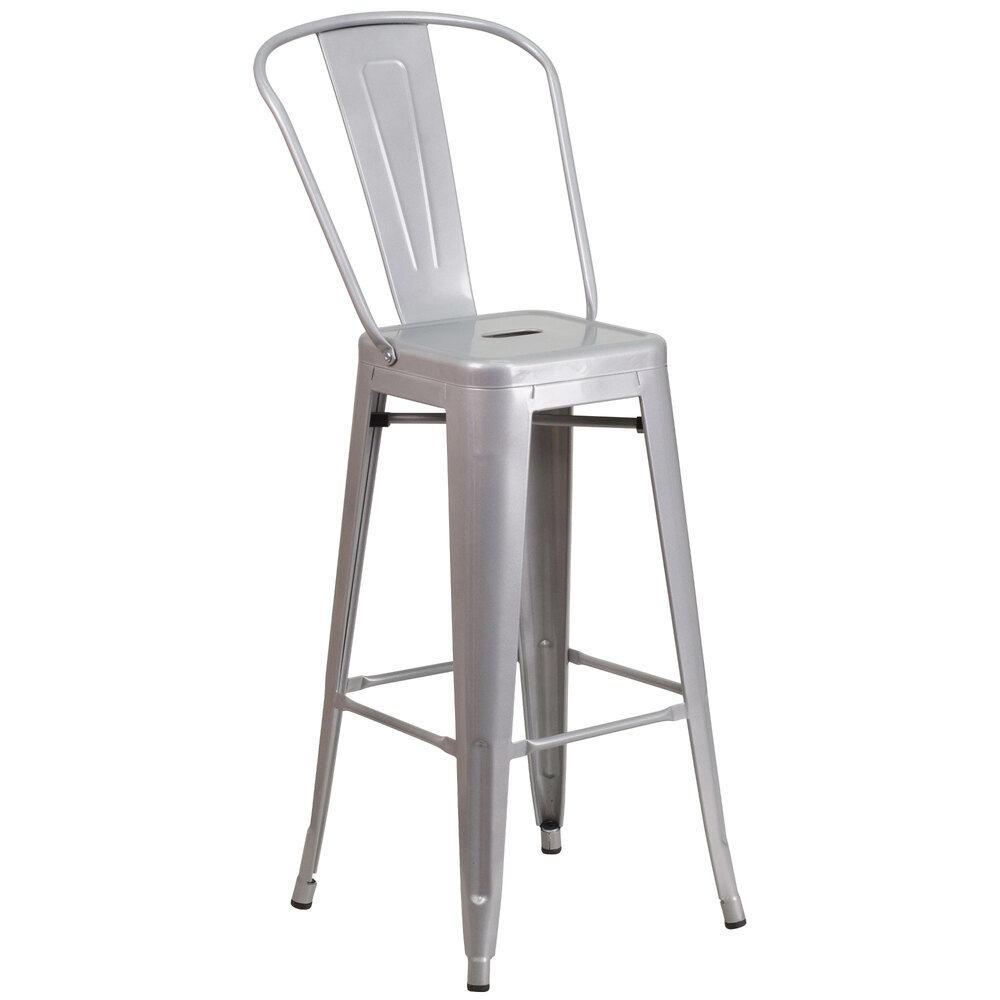 "Flash Furniture CH-31320-30GB-SIL-GG 30"" Silver Galvanized Steel Bar Height Stool with Vertical Slat Back and Drain Hole Seat"