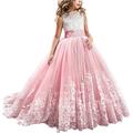 Flower Girls First Communion Dress Lace Kids Princess Wedding Bridesmaid Floor Length Layered Puffy Tulle Dresses Pageant Formal Evening Long Maxi Prom Party Ball Gown 001 Watermelon Red 6-7 Years