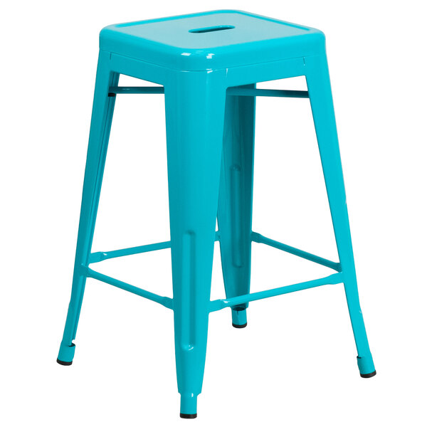 Flash Furniture ET-BT3503-24-CB-GG 24" Crystal Teal Blue Stackable Metal Indoor / Outdoor Backless Counter Height Stool with Square Drain Seat