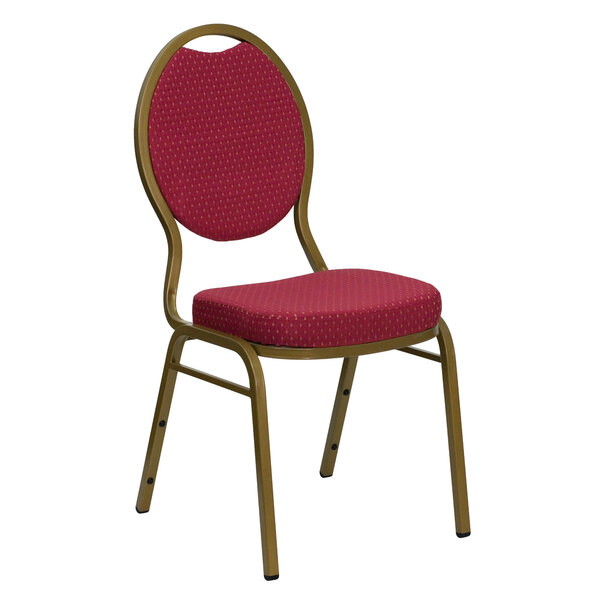 Flash Furniture FD-C04-ALLGOLD-2804-GG Hercules Burgundy Pattern Fabric Teardrop Back Stackable Banquet Chair with Gold Frame