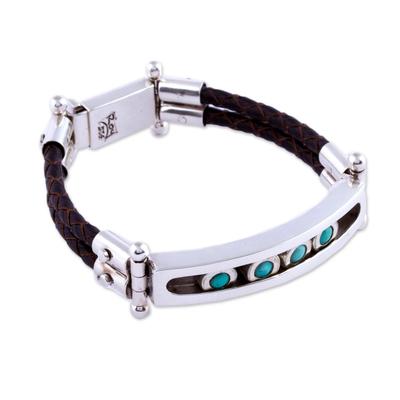 Watchful Sea,'Turquoise Silver and Leather Mexican Wristband Bracelet'