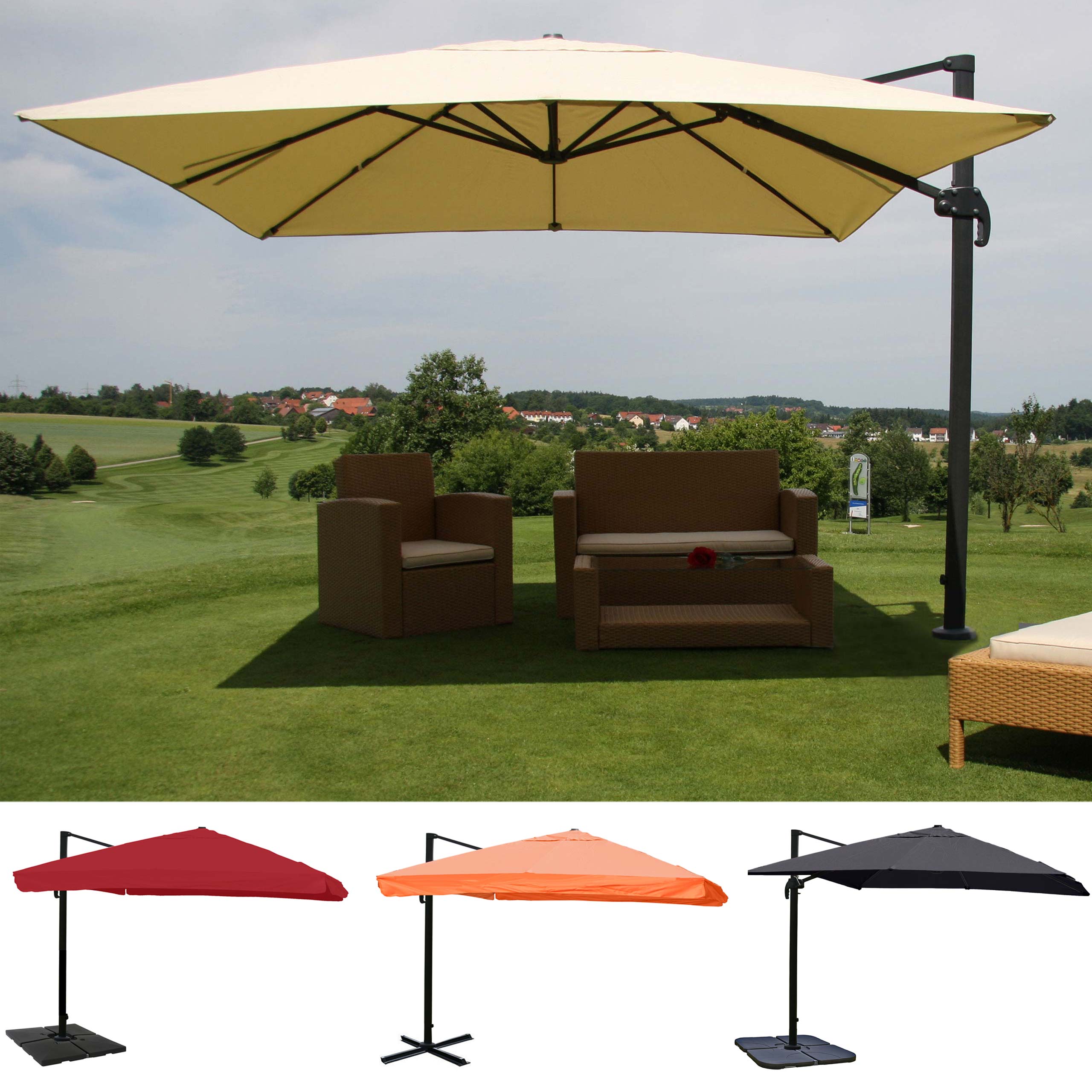 Gastronomie-Ampelschirm HWC-A96, 3,5x3,5m (Ø4,95m) Polyester/Alu 25kg ~ Flap, creme mit Ständer, drehbar Image