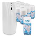 DripDropDry Complete Set - Automatic Air Freshener & 12 Fresh Linen Aerosol Refill Cans - Commercial Toilet (White)