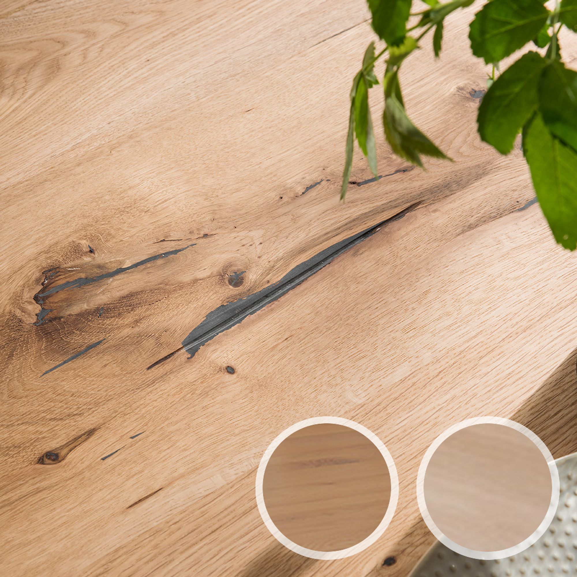 Massivholz »Tabula Rasa« Tischplatte Baumkante 4 cm / aufgedoppelt / 220x100 cm / Wildeiche White-wash