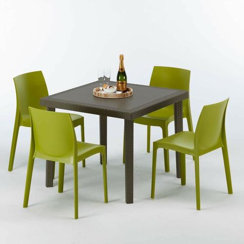 Poly Rattan Tisch Quadratisch mit 4 Bunten Stühlen 90x90 Braun Brown Passion | Rome Anis Grün