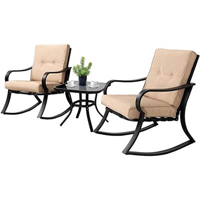 SOLAURA Outdoor 3-Piece Furniture Brown Wicker Bistro Set Conversation Chairs & Glass-top Coffee Table Set Beige 