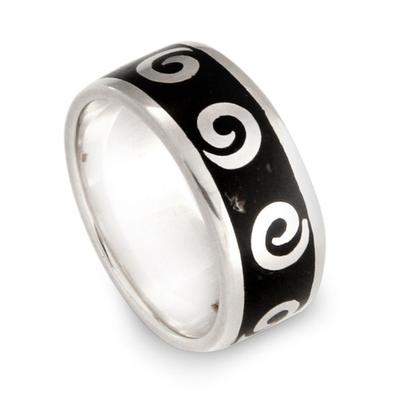 Sterling silver band ring, 'Midnight Waves'
